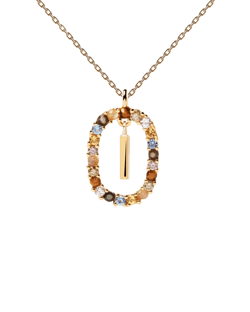 PDPAOLA Yellow Gold Plate Colourful Precious Stones 'I' Initial Necklace