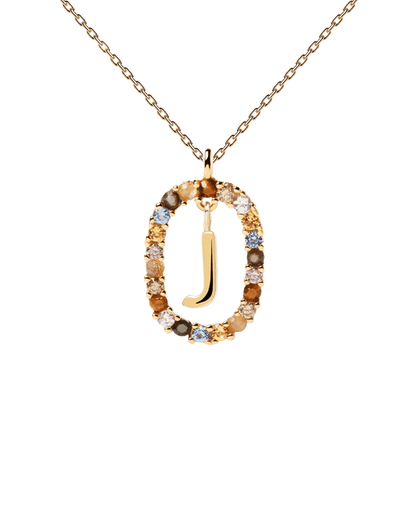PDPAOLA Yellow Gold Plate Colourful Precious Stones 'J' Initial Necklace