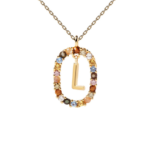 PDPAOLA Yellow Gold Plate Colourful Precious Stones 'L' Initial Necklace