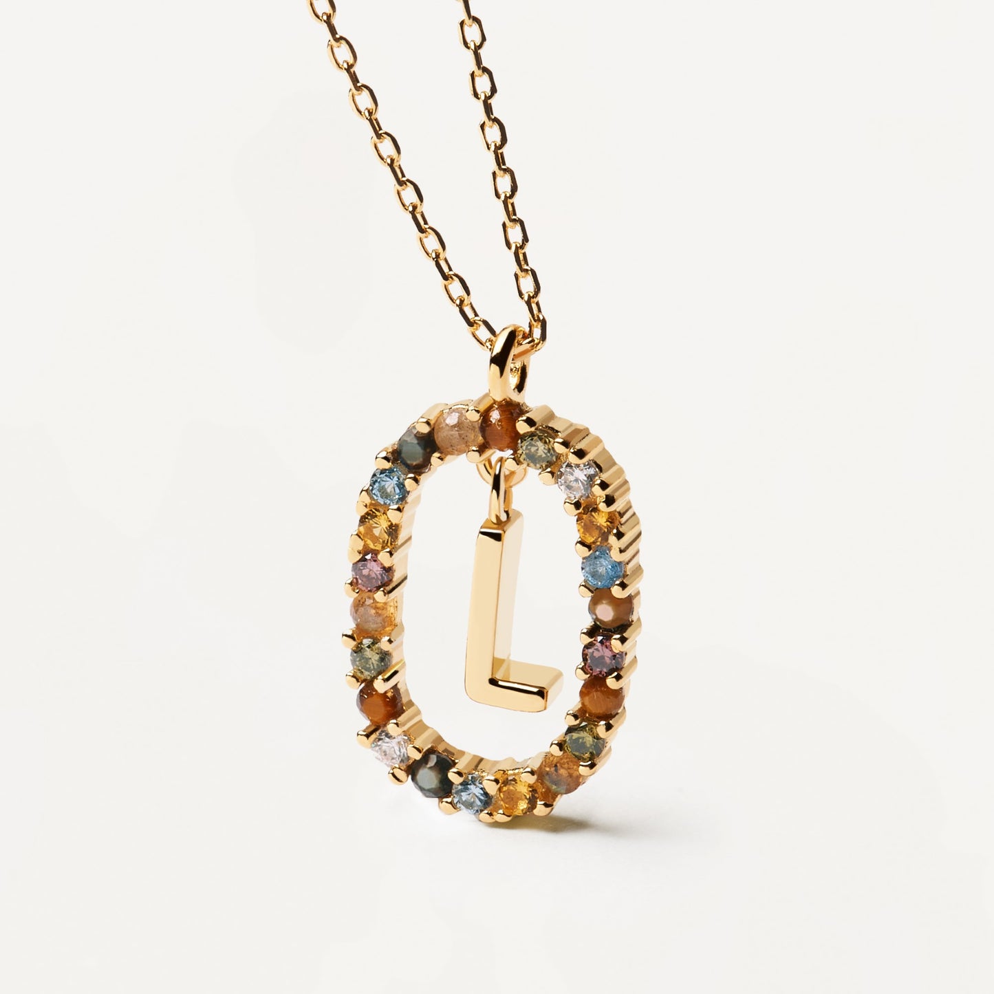PDPAOLA Yellow Gold Plate Colourful Precious Stones 'L' Initial Necklace