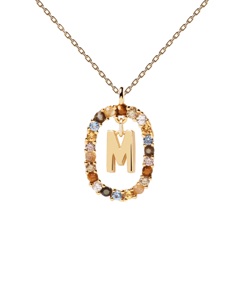 PDPAOLA Yellow Gold Plate Colourful Precious Stones 'M' Initial Necklace