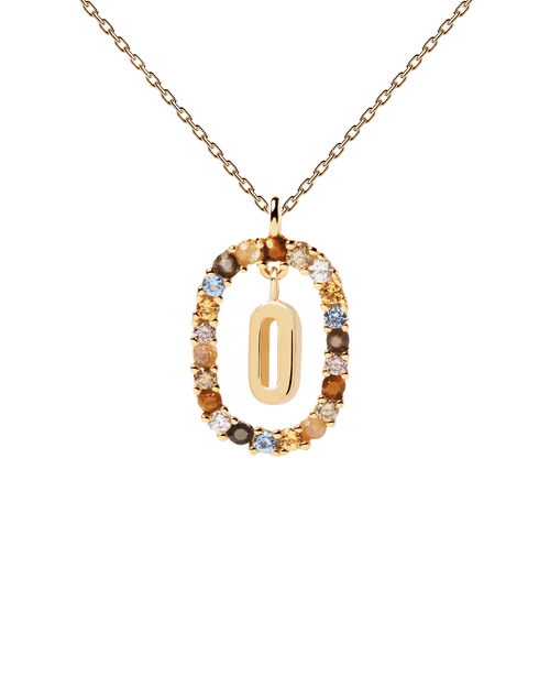 PDPAOLA Yellow Gold Plate Colourful Precious Stones 'O' Initial Necklace