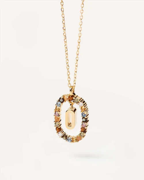PDPAOLA Yellow Gold Plate Colourful Precious Stones 'O' Initial Necklace
