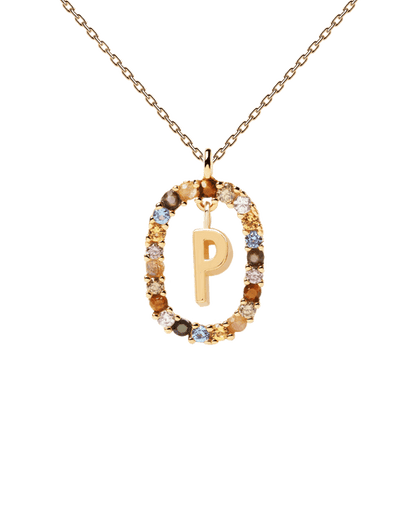 PDPAOLA Yellow Gold Plate Colourful Precious Stones 'P' Initial Necklace