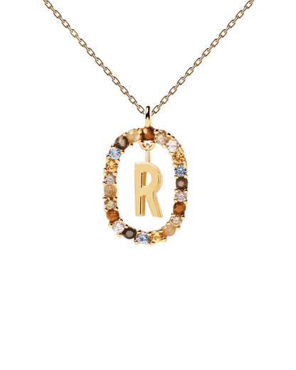 PDPAOLA Yellow Gold Plate Colourful Precious Stones 'R' Initial Necklace