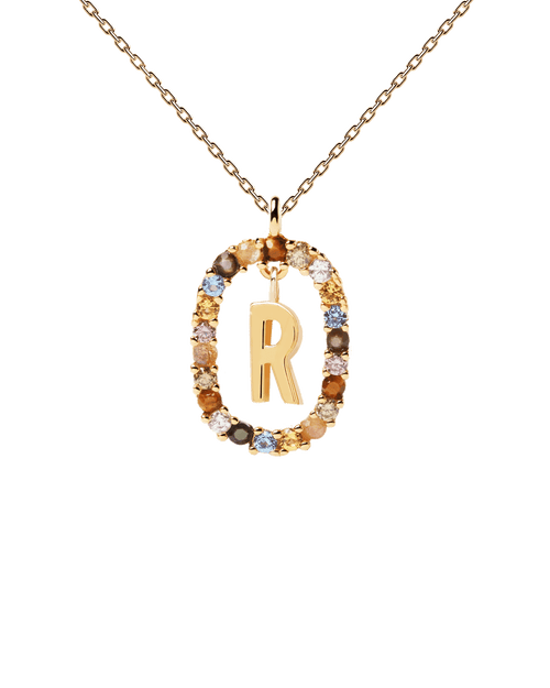 PDPAOLA Yellow Gold Plate Colourful Precious Stones 'R' Initial Necklace