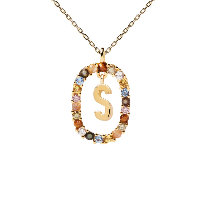 PDPAOLA Yellow Gold Plate Colourful Precious Stones 'S' Initial Necklace