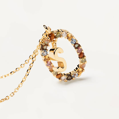 PDPAOLA Yellow Gold Plate Colourful Precious Stones 'S' Initial Necklace