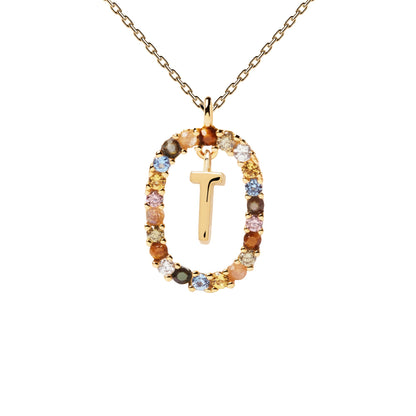 PDPAOLA Yellow Gold Plate Colourful Precious Stones 'T' Initial Necklace
