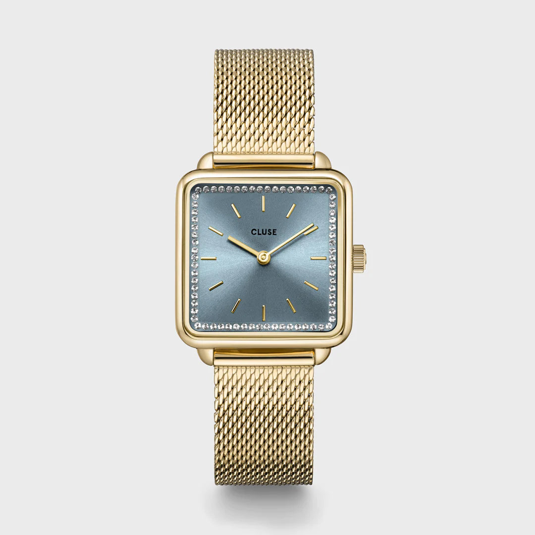 An image of Cluse 28.5mm La Tétragone Gold Coloured Mesh Stones Watch From official stockists Jack Murphy Jewellers