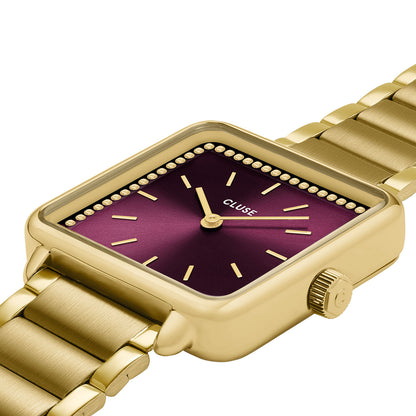 Cluse 28.5mm La Tétragone Burgundy & CZ Dial Yellow Gold Tone Bracelet Watch