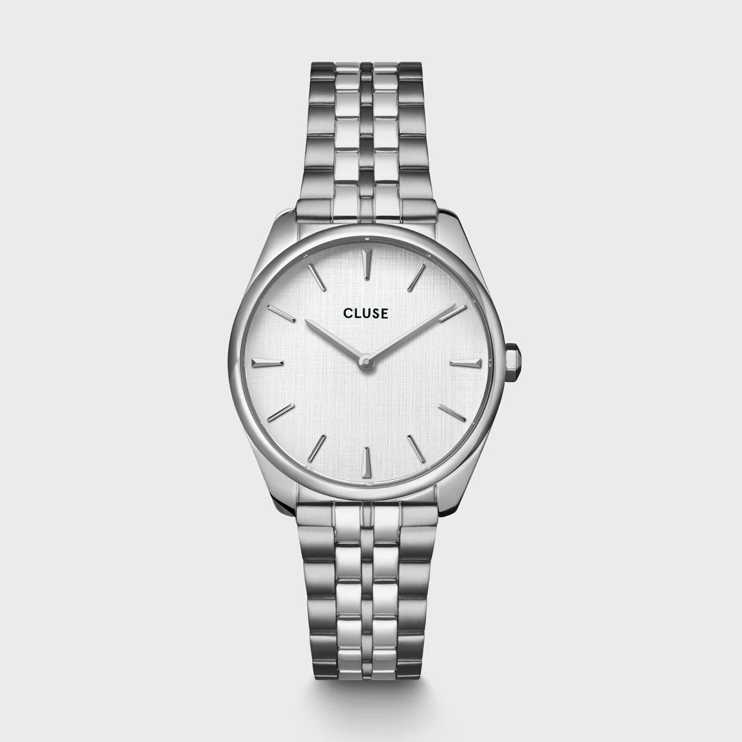 An image of Cluse 31.5mm Féroce Silver Dial Stainless Steel Link Watch From official stockists Jack Murphy Jewellers