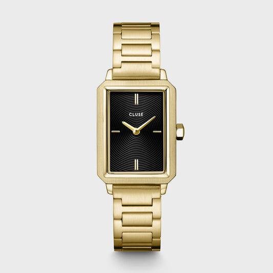 An image of Cluse 30mm Fluette Black Dial Gold Toned Steel Link Watch From official stockists Jack Murphy Jewellers