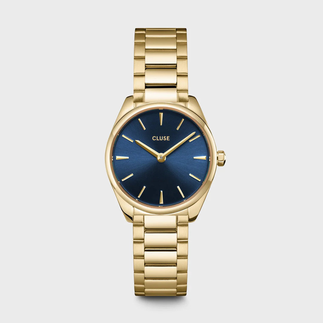 An image of Cluse 25mm Féroce Mini Royal Yellow Gold Toned & Blue Dial Link Watch From official stockists Jack Murphy Jewellers