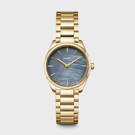 Cluse 25mm Féroce Mini Royal Yellow Gold Toned & Blue Pearl Dial Link Watch