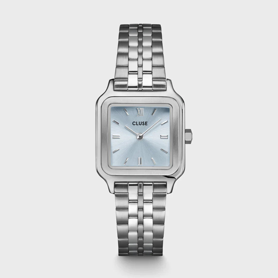 An image of Cluse 28mm Gracieuse Light Blue Silver Toned Bracelet Watch From official stockists Jack Murphy Jewellers