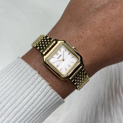 Cluse 24mm Gracieuse Petite White Dial Glass Pearl Bezel Gold Colour Steel Bracelet Watch