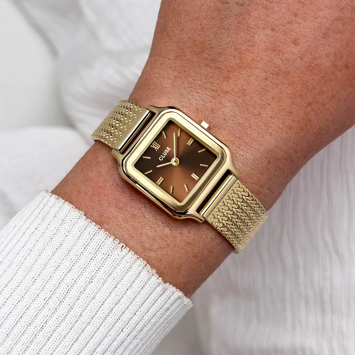 Cluse 24mm Gracieuse Petite Brown Dial Yellow Gold Toned Mesh Bracelet Watch