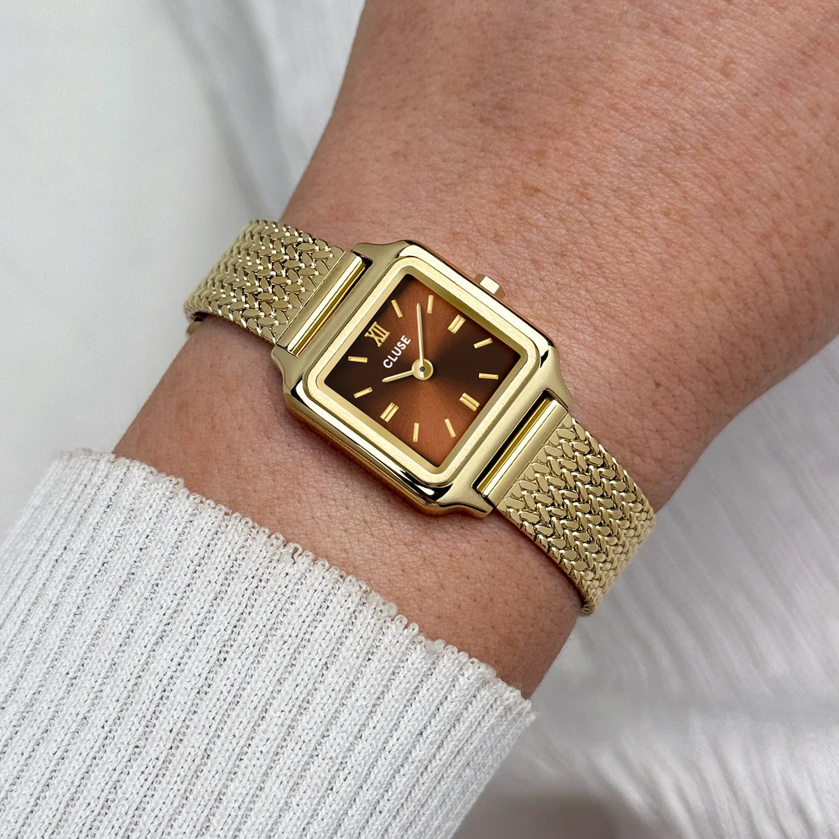 Cluse 21mm Gracieuse Mini Brown Dial Yellow Gold Mesh Bracelet Watch