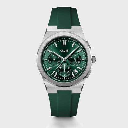 Cluse 40mm Vigoureux Green & Silver Chrono Silicone Strap Watch