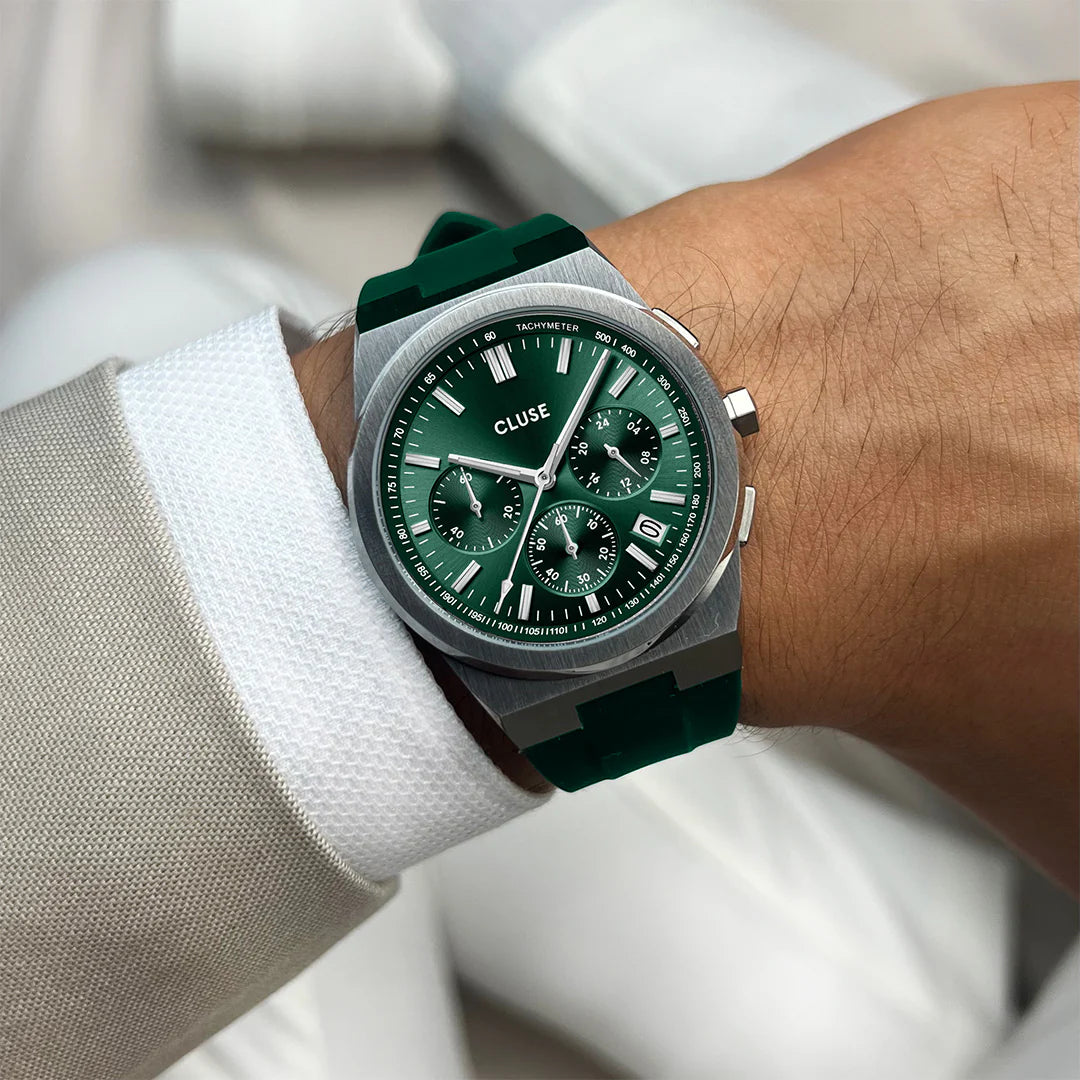 Cluse 40mm Vigoureux Green & Silver Chrono Silicone Strap Watch