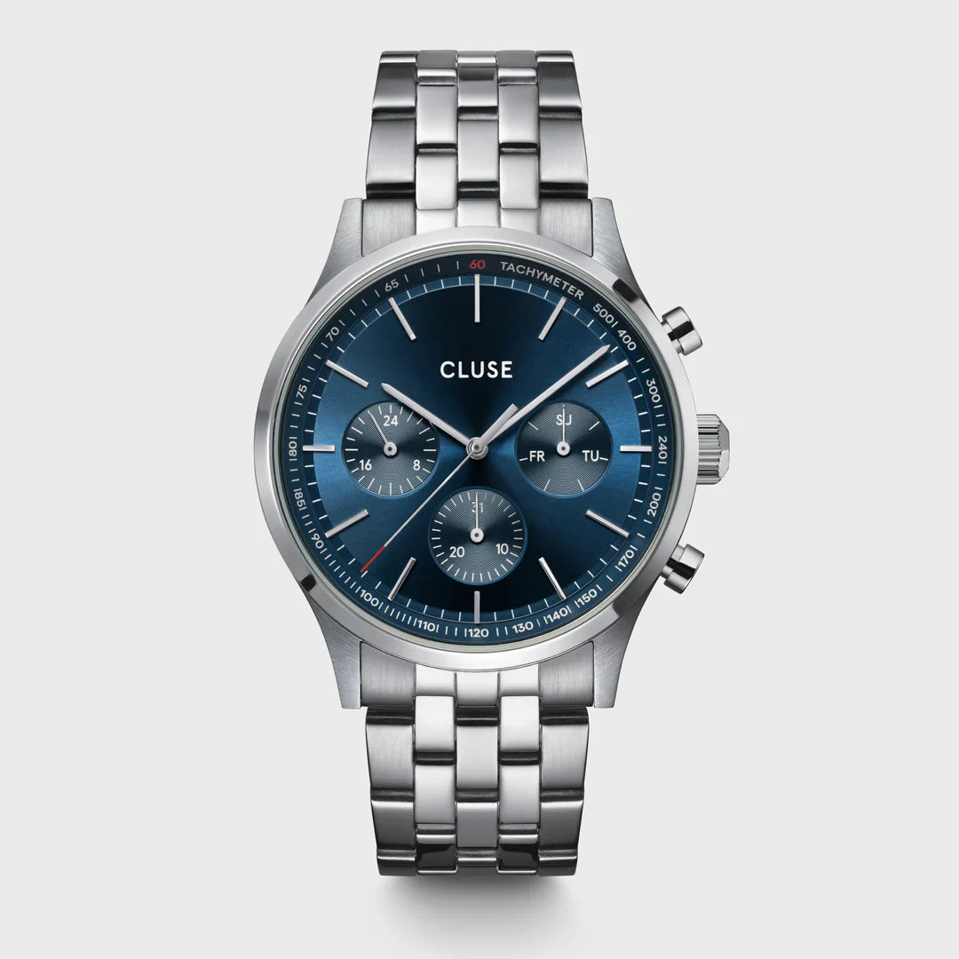 An image of Cluse 42mm Anthéor Multifunction Blue Dial Stainless Steel Link Watch From official stockists Jack Murphy Jewellers