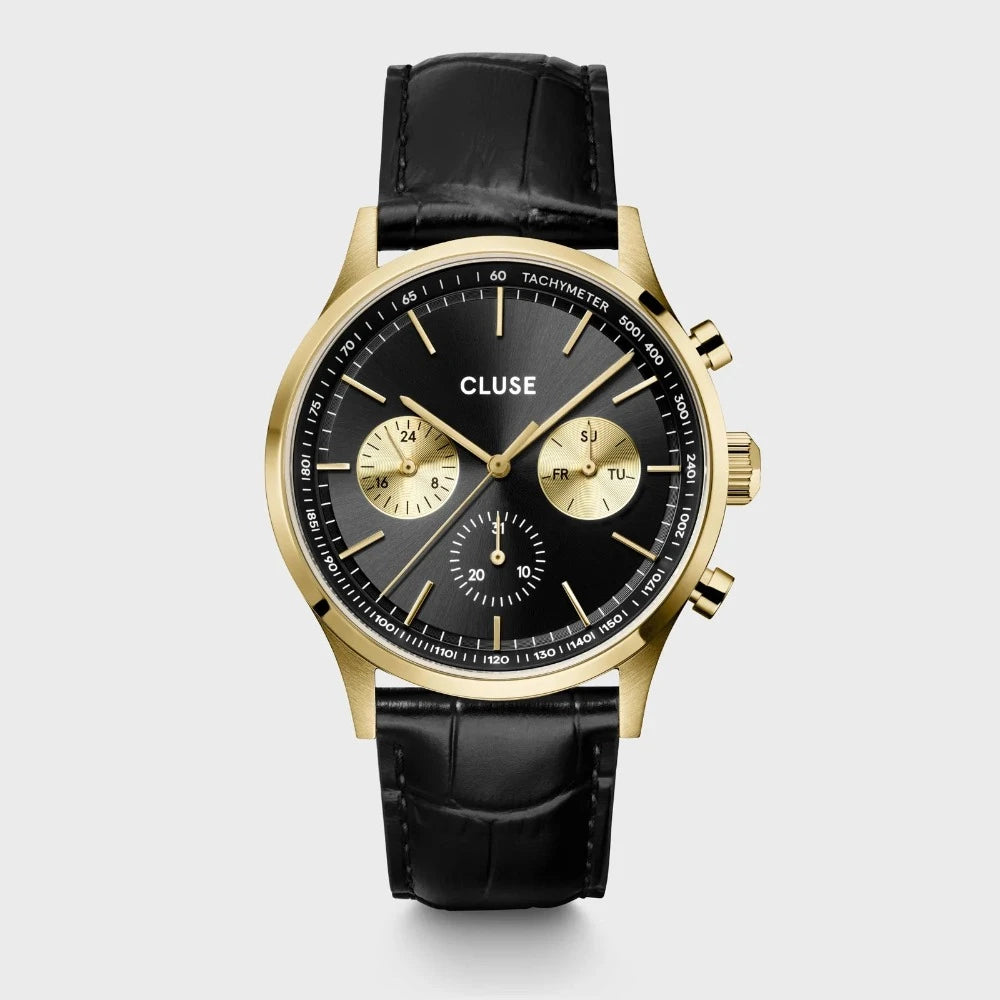 Cluse 42mm Anthéor Black & Gold 3 Dial Leather Strap Watch