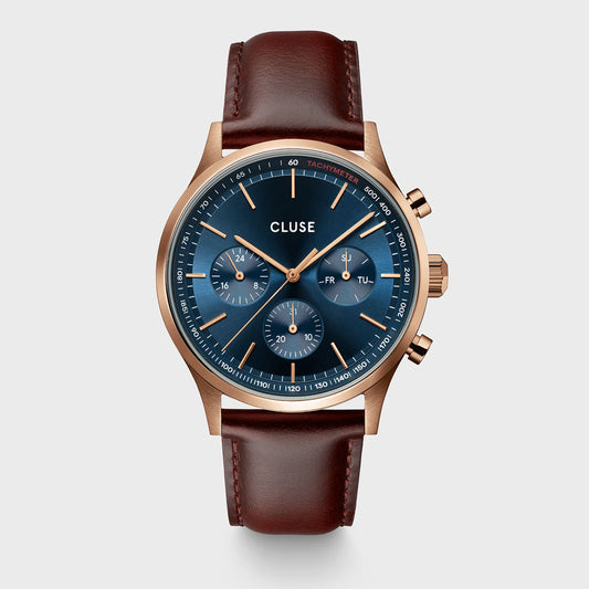 Cluse 42mm Anthéor Multifunction Brown Leather Strap Blue Rose Tone Watch