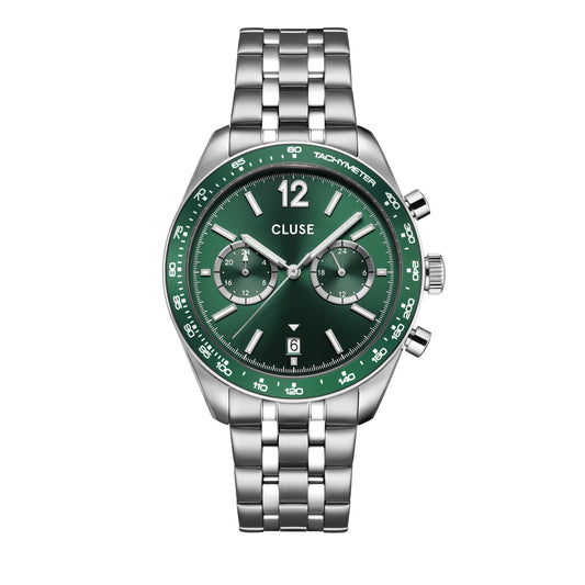Cluse 41.5mm Aravis Green Duel Time Date Window Steel Link Watch