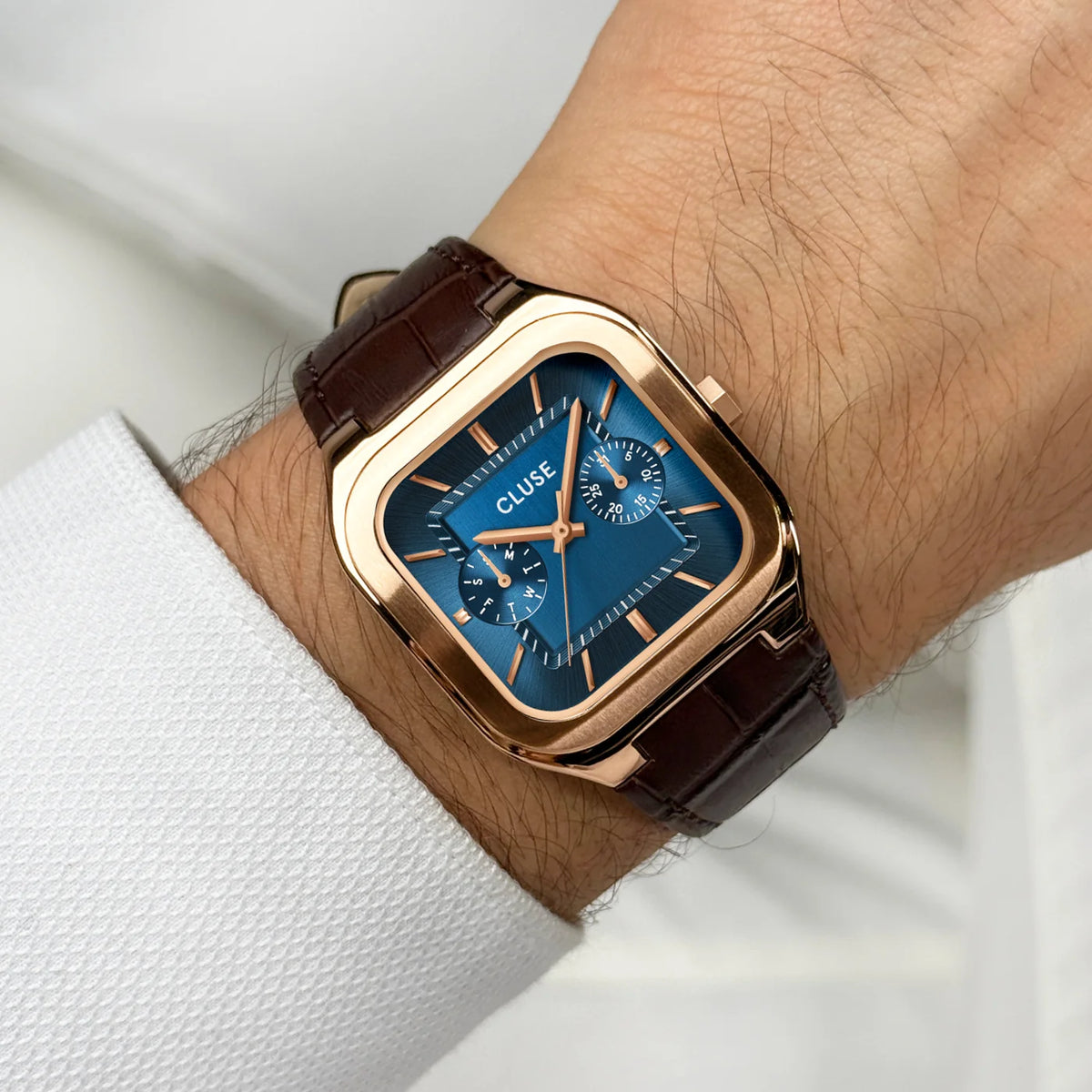 Cluse 35mm Quadrus Multifunction Rose Gold Case, Blue Dial & Brown Leather Strap Watch