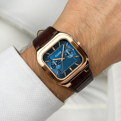 Cluse 35mm Quadrus Multifunction Rose Gold Case, Blue Dial & Brown Leather Strap Watch