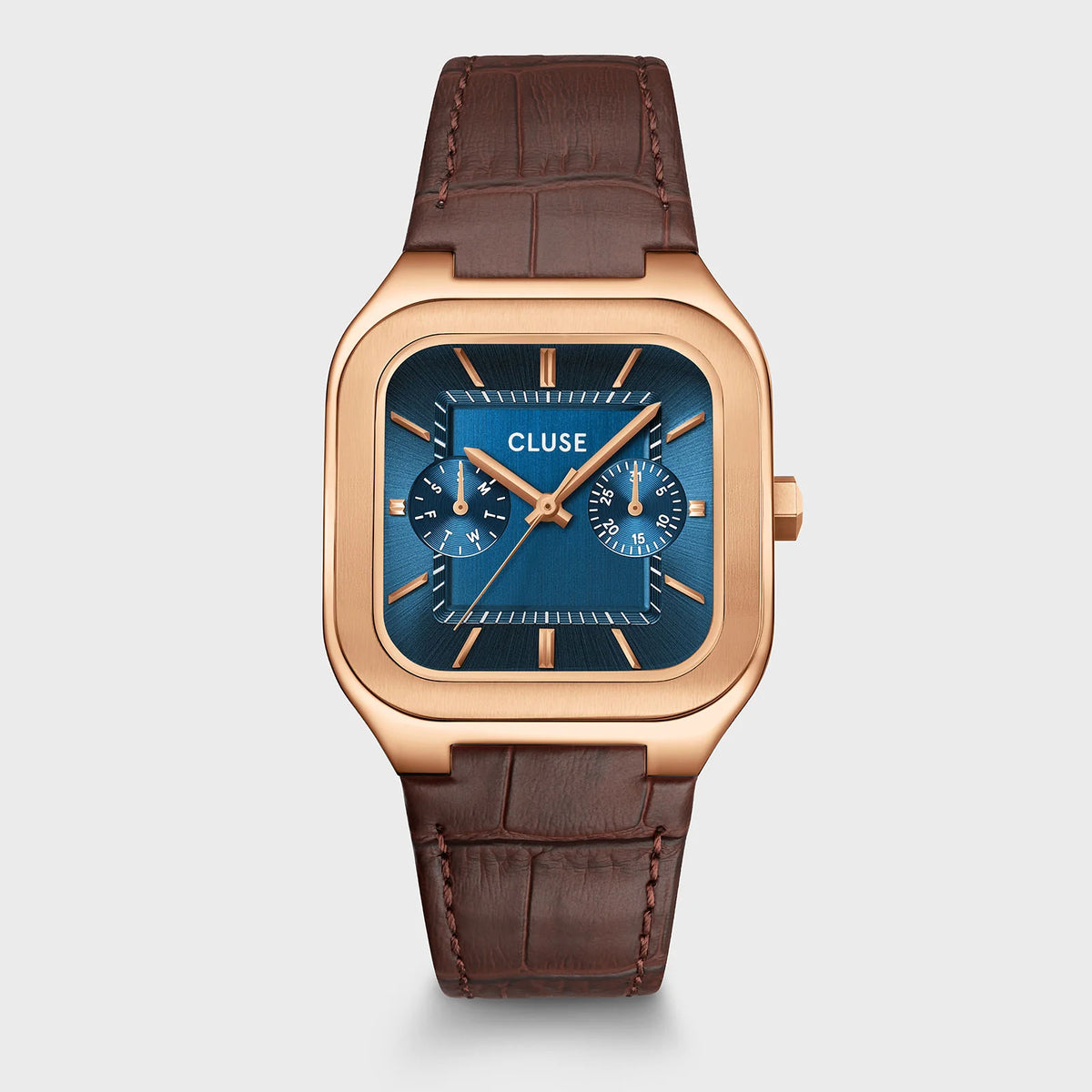 Cluse 35mm Quadrus Multifunction Rose Gold Case, Blue Dial & Brown Leather Strap Watch