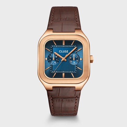 Cluse 35mm Quadrus Multifunction Rose Gold Case, Blue Dial & Brown Leather Strap Watch
