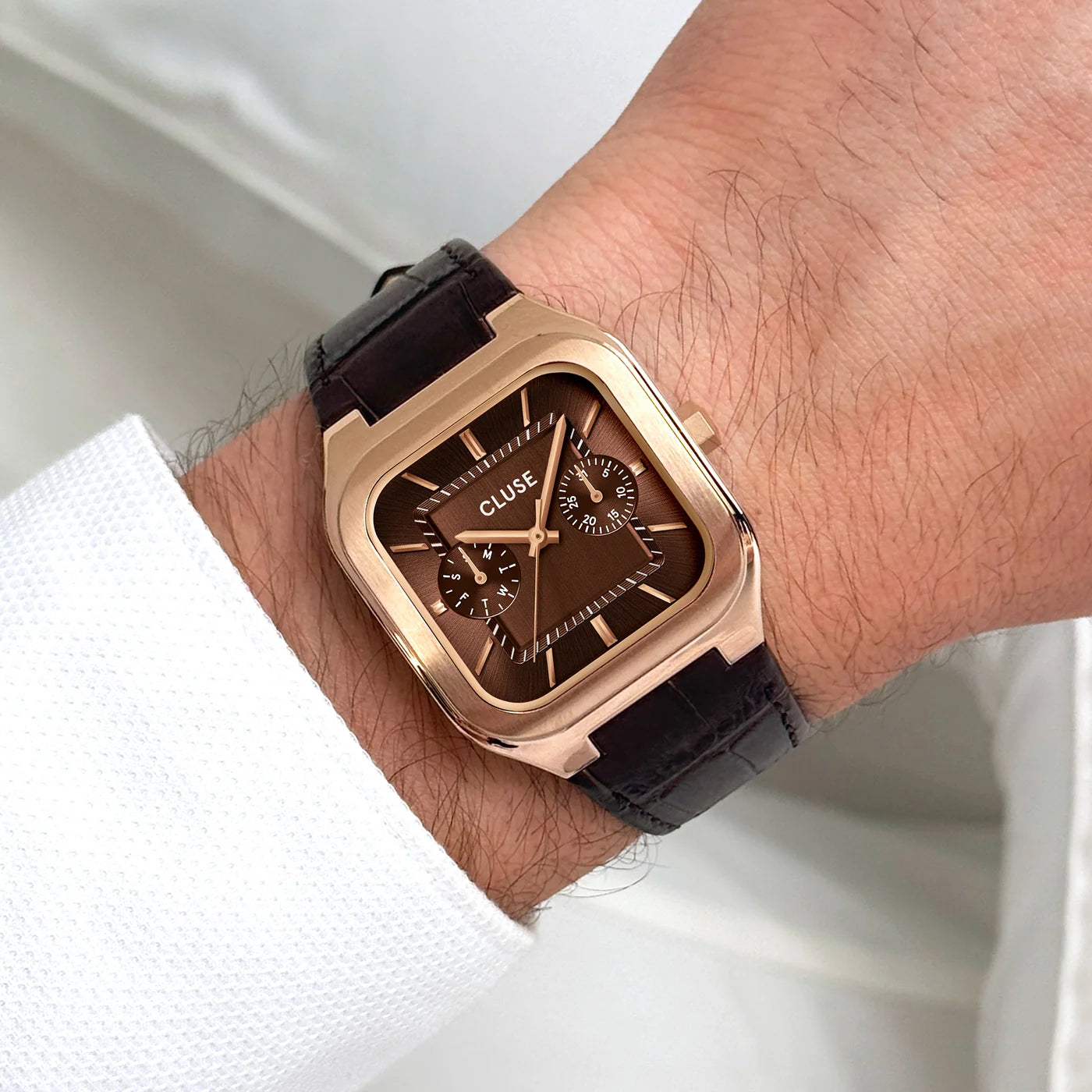 Cluse 35mm Quadrus Multifunction Rose Gold & Brown Leather Strap Watch
