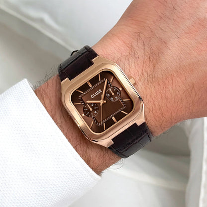 Cluse 35mm Quadrus Multifunction Rose Gold & Brown Leather Strap Watch
