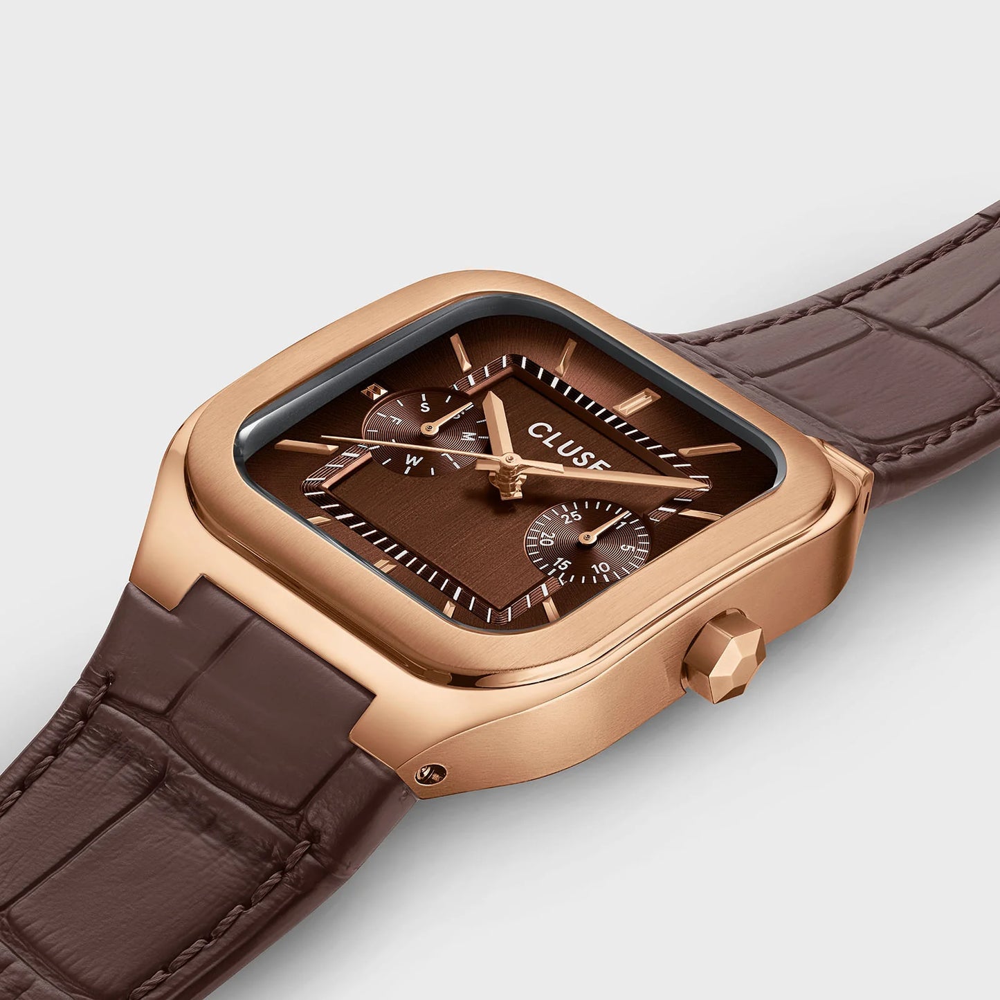 Cluse 35mm Quadrus Multifunction Rose Gold & Brown Leather Strap Watch