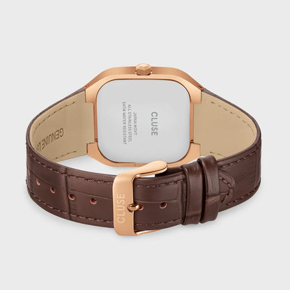 Cluse 35mm Quadrus Multifunction Rose Gold & Brown Leather Strap Watch