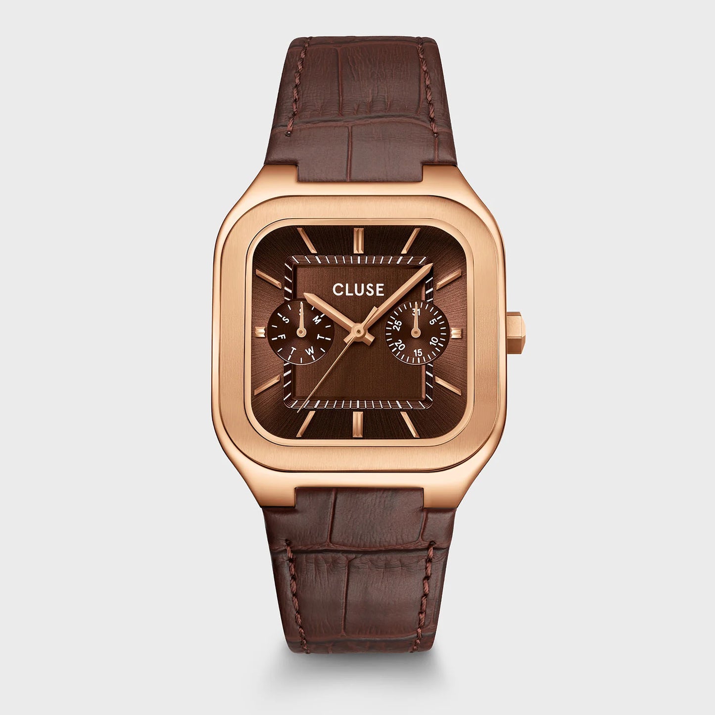 Cluse 35mm Quadrus Multifunction Rose Gold & Brown Leather Strap Watch