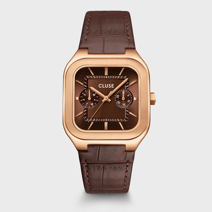 Cluse 35mm Quadrus Multifunction Rose Gold & Brown Leather Strap Watch