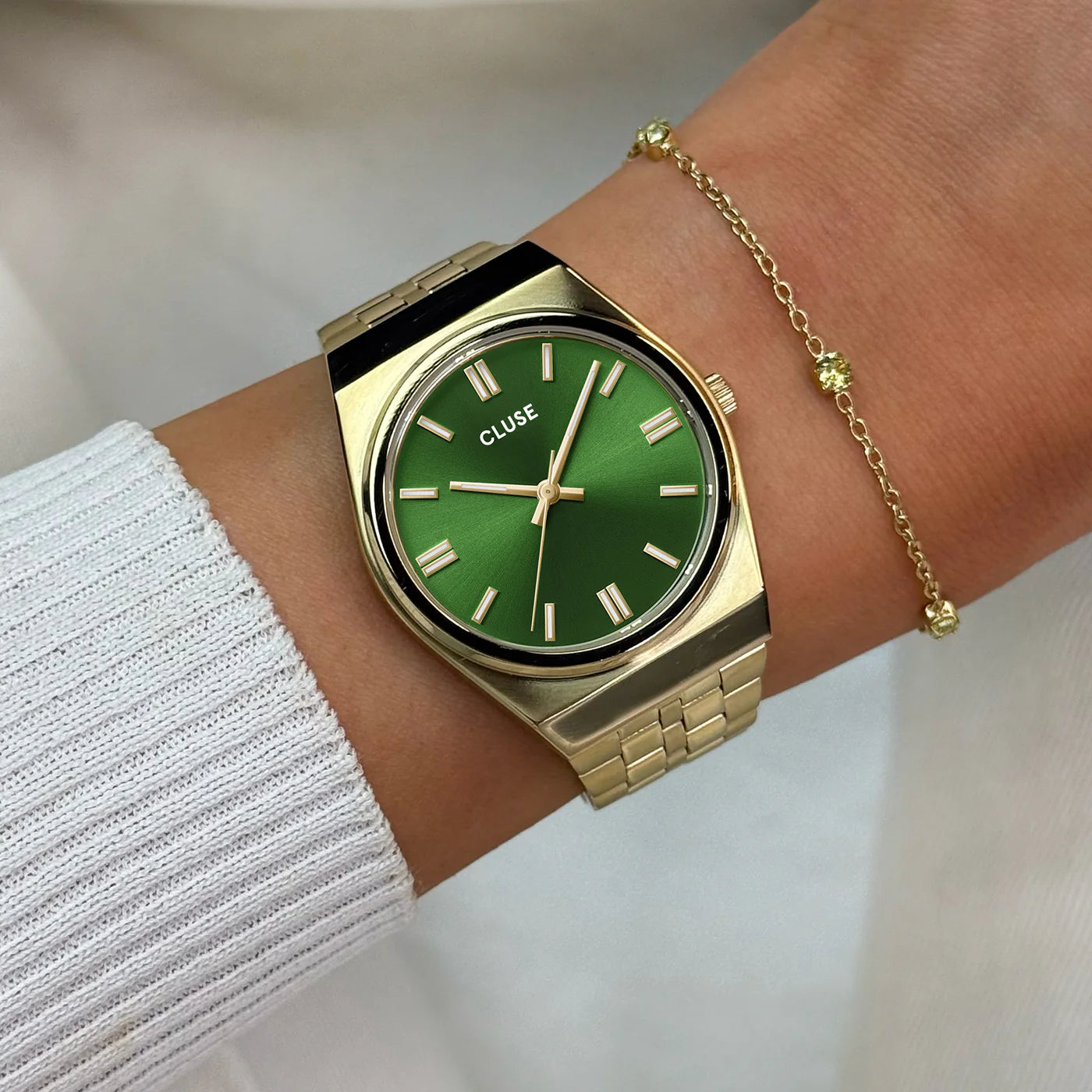 Cluse Ladies 33mm Retro 70's Green Dial Yellow Gold Toned Bracelet Watch