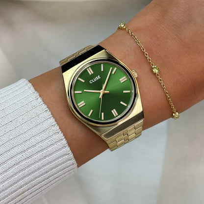 Cluse Ladies 33mm Retro 70's Green Dial Yellow Gold Toned Bracelet Watch
