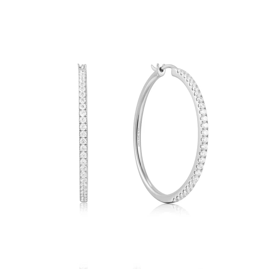 Ania Haie Rhodium Plated Silver CZ Pavé Hoop Earrings