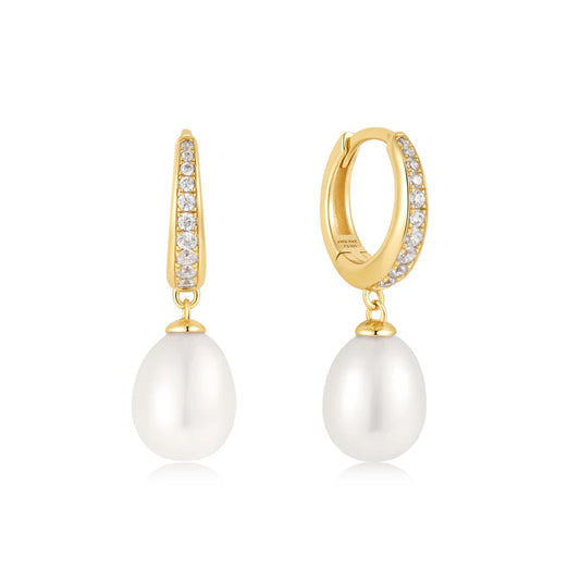 Ania Haie Gold Freshwater Pearl CZ Pavé Drop Huggies