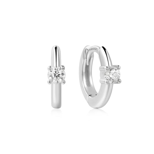 Ania Haie Rhodium Plated Silver CZ Solitaire Mini Huggie Hoop Earrings