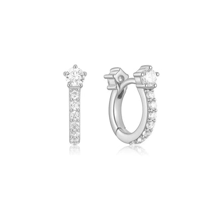 Ania Haie Rhodium Plated Silver CZ Sparkling Pavé Huggie Hoop Earrings
