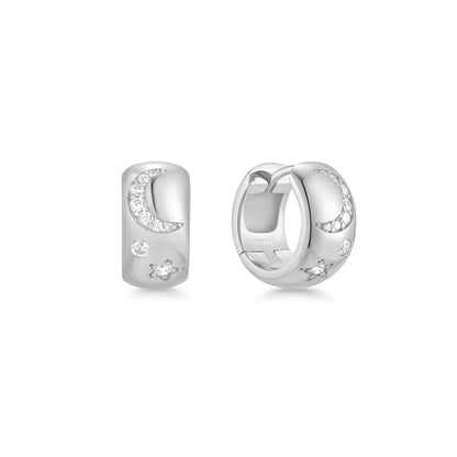 Ania Haie Rhodium Plated Silver CZ Celestial Chunky Huggie Hoop Earrings