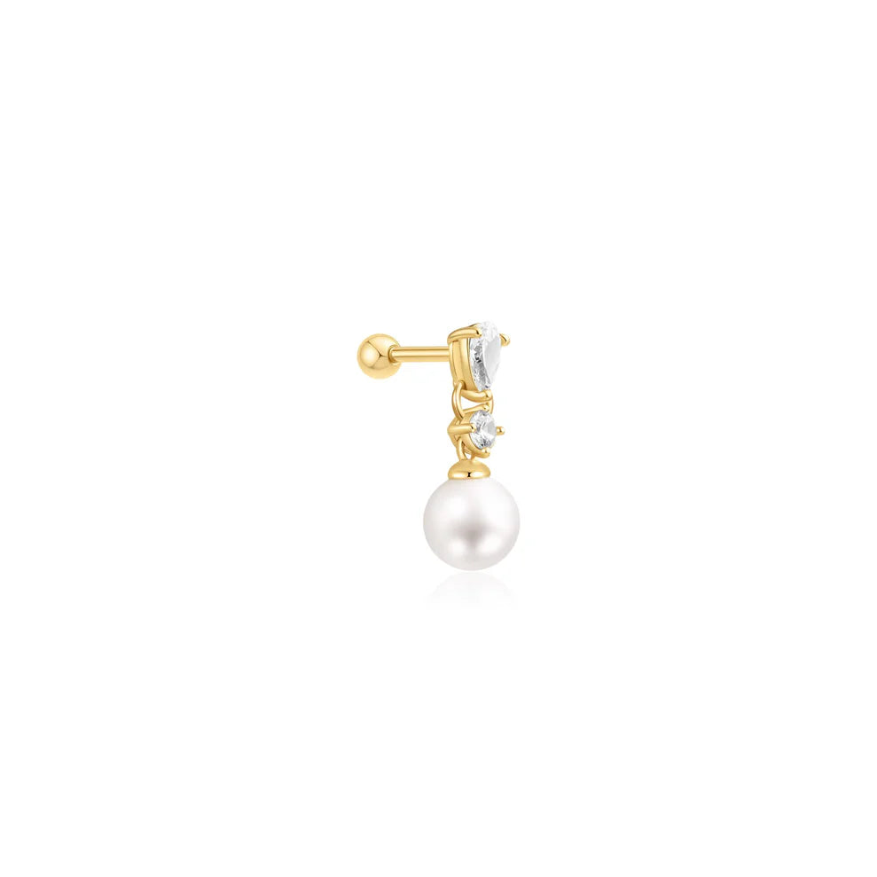 Ania Haie Yellow Gold Plate Shell Pearl & CZ Single Drop Barbell Earring