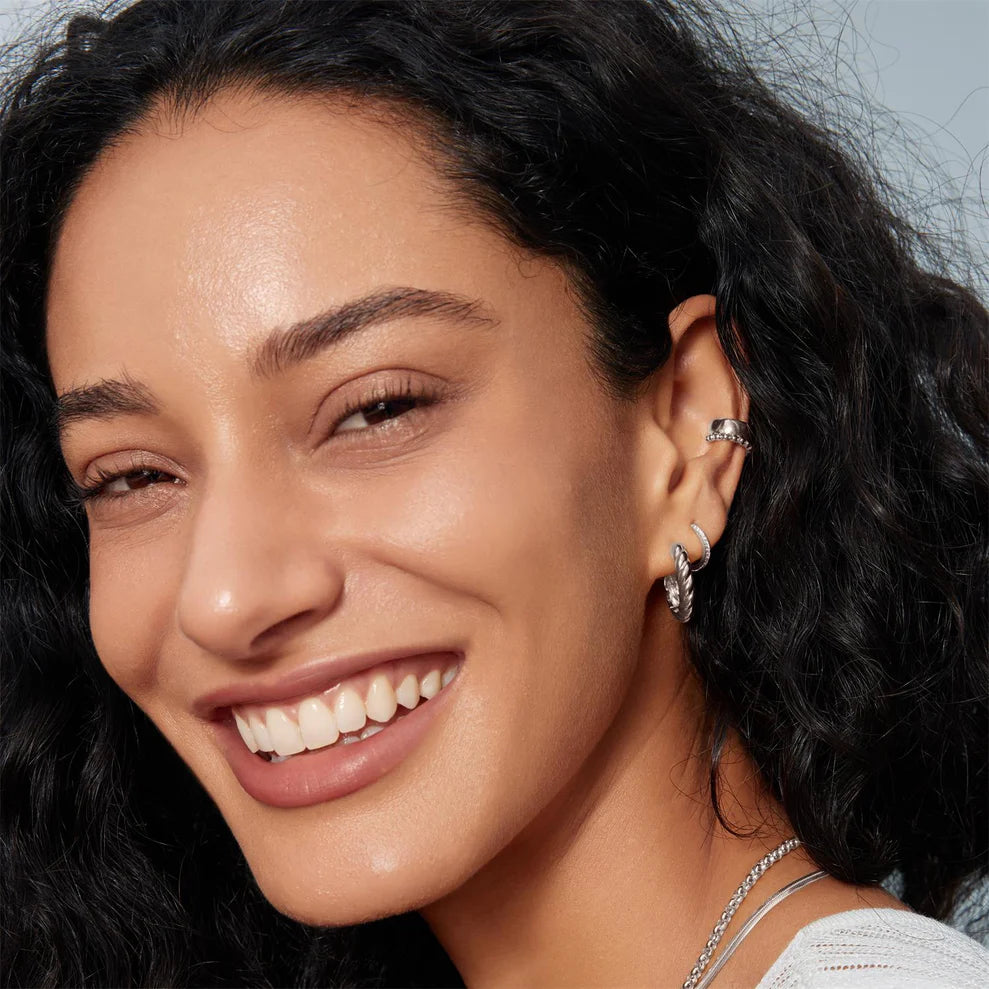 Ania Haie Rhodium Plated Silver Twisted Huggie Hoop Earrings