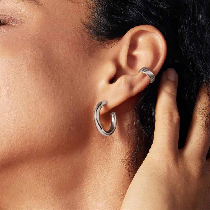 Ania Haie Silver Classic Tube Medium Huggie Hoop Earrings