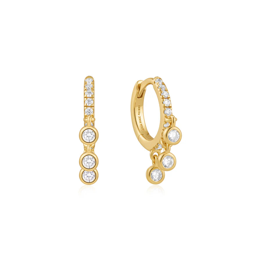 Ania Haie Yellow Gold Plated Trio Drop CZ Huggie Hoop Earrings